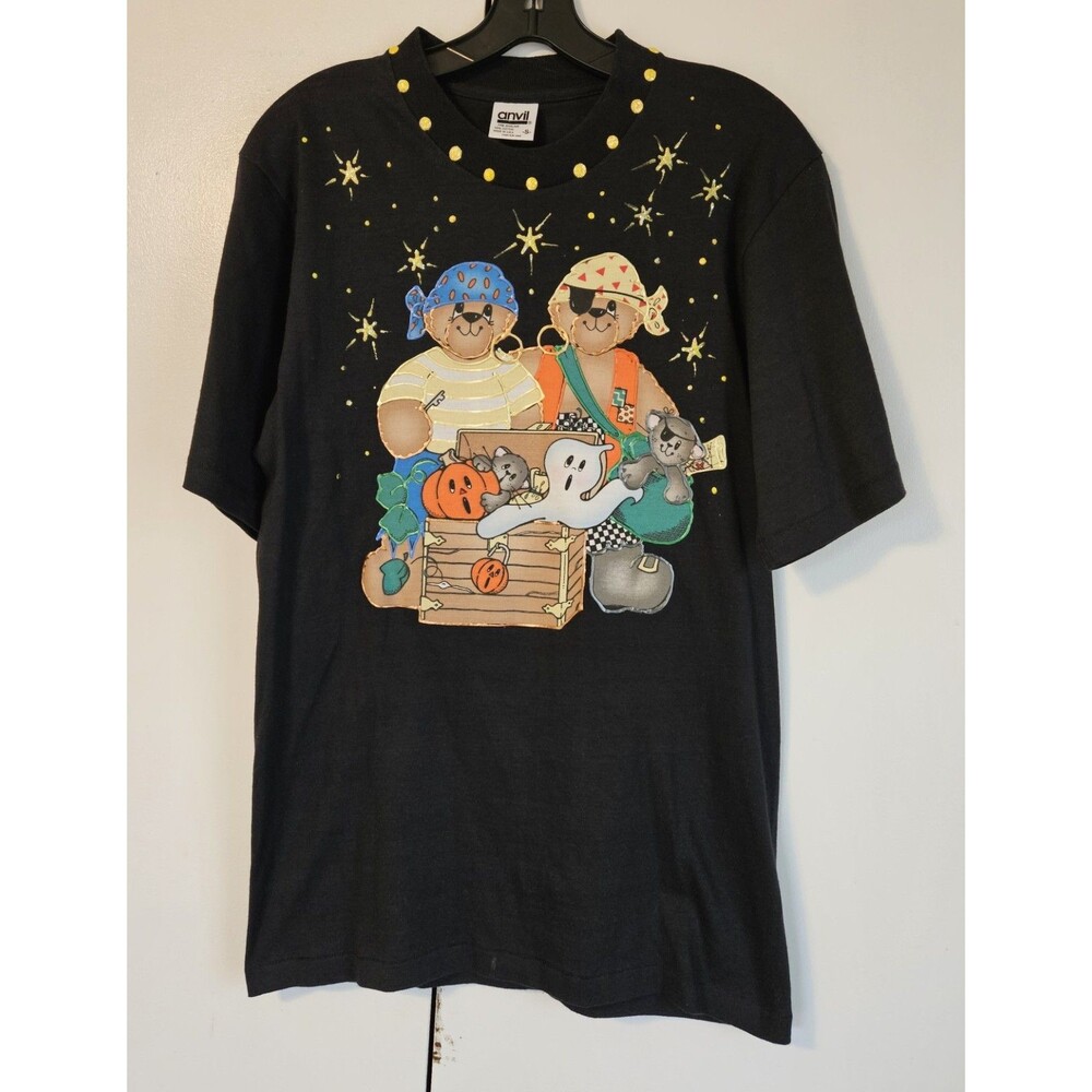 Vintage Anvil Halloween Teddy Bear Graphic Tee Puff Print 3D Paint Studded Neck